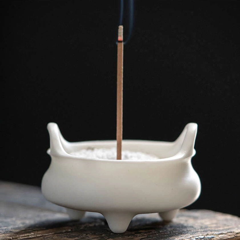 Double Ears ceramic incense burner variant, matte white Buddhist design with protective spiritual symbolism