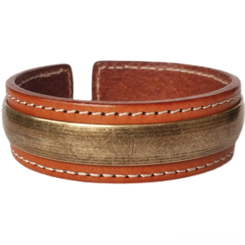 Wide leather brass cuff bracelet double-stitched detail