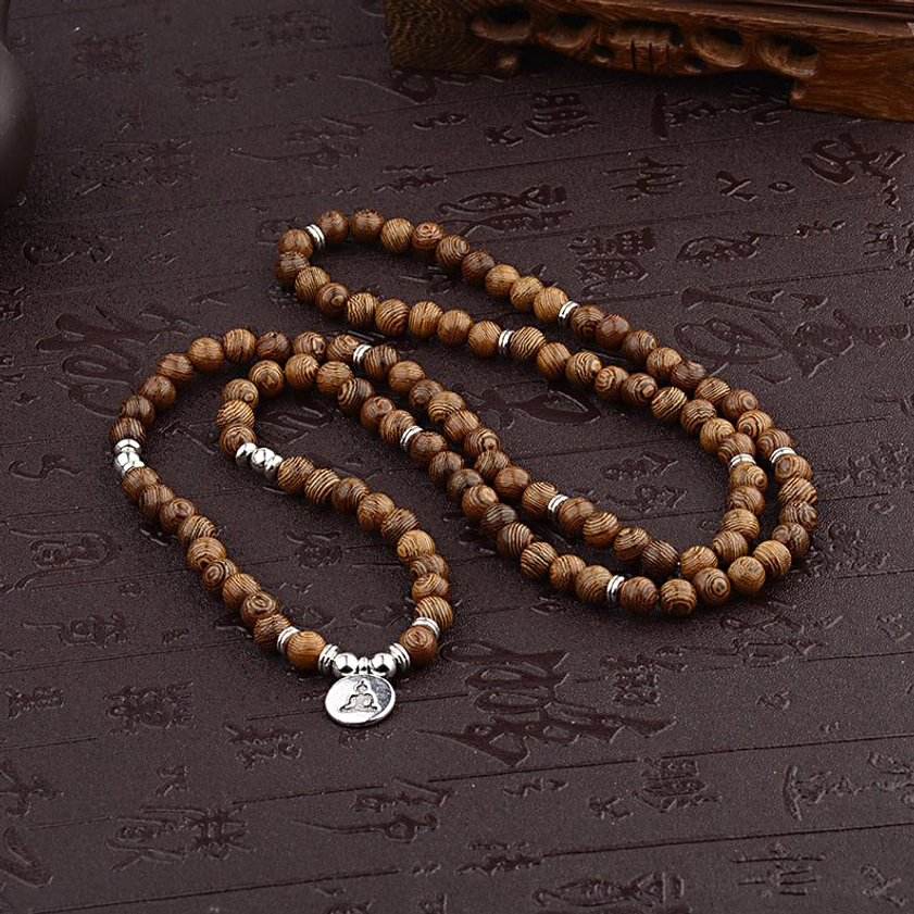 Double strand wooden Buddhist mala bracelet with silver charm, layered spiritual meditation beads