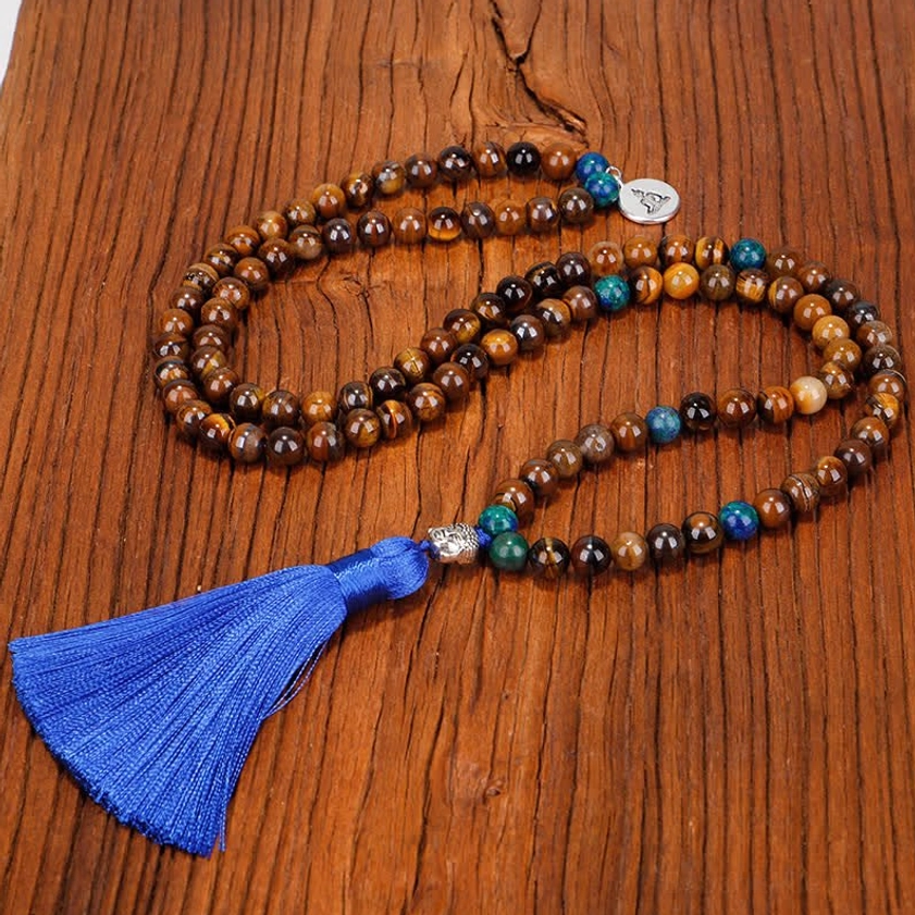 Double-strand tiger eye mala bracelet with blue accents and metal Buddha pendant