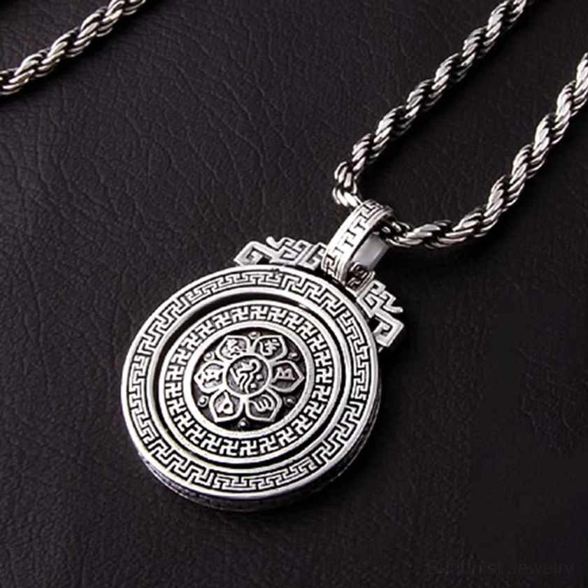 Double vajra lotus Buddhist pendant with vintage silver finish and intricate engraved design