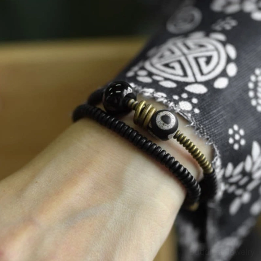 Double wrap bracelet elastic cord construction secure comfortable fit detail