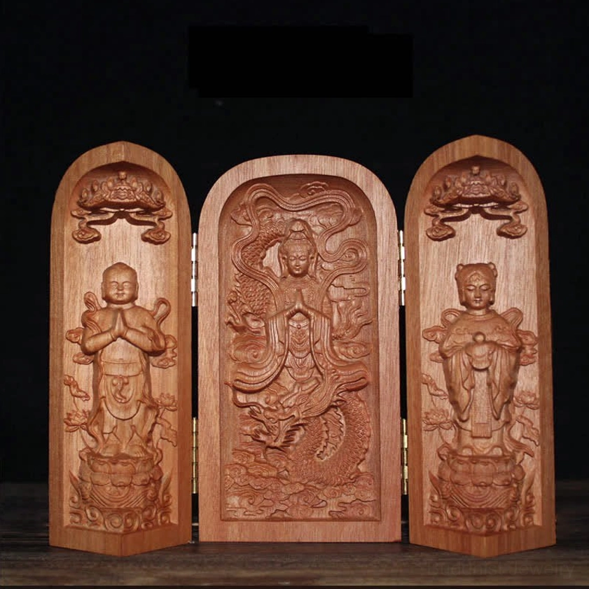 Dragon Avalokitesvara Kwan Yin tri-fold Buddhist wooden altar shrine with intricate carvings
