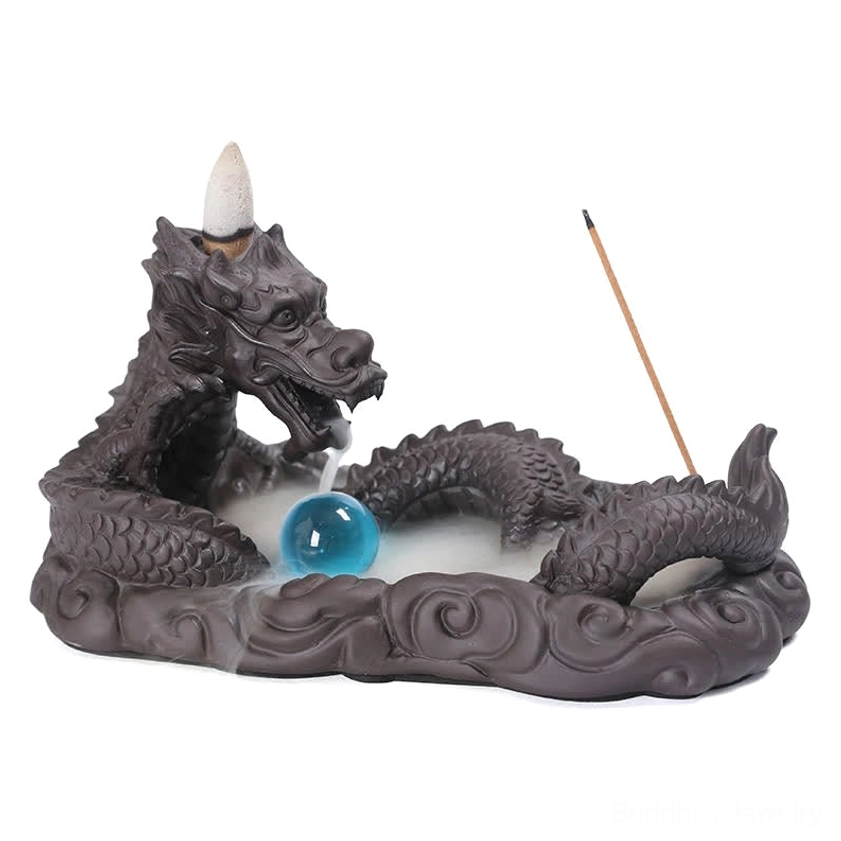 Dragon backflow incense burner purple clay with blue glass bead and handcrafted ceramic dragon sculpture for meditation rooms and spiritual spaces