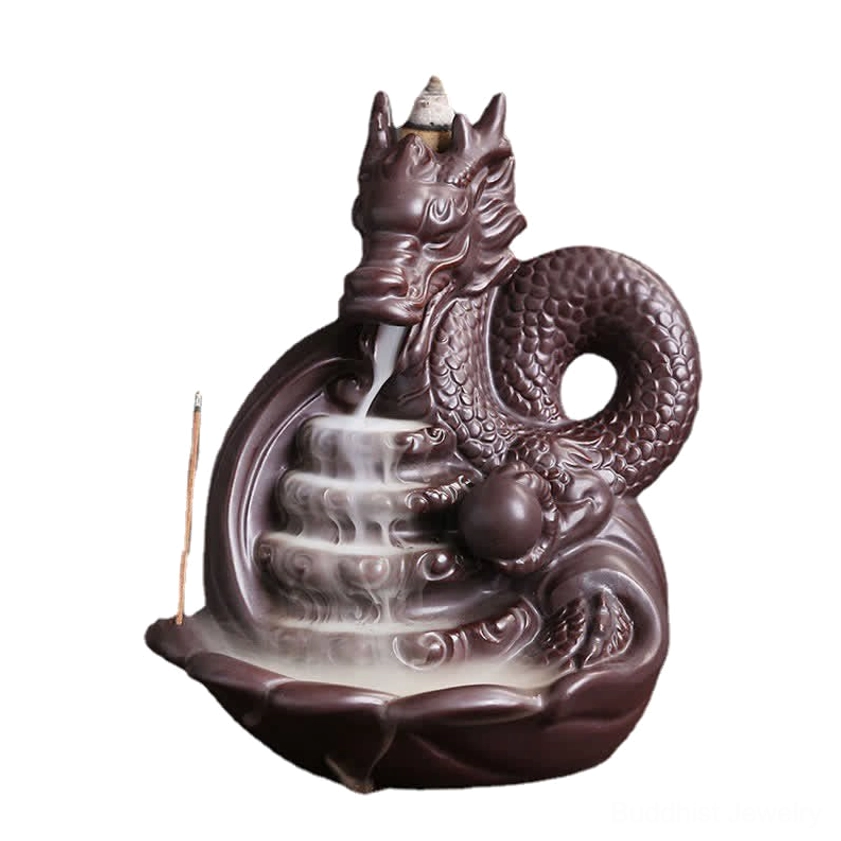 Dragon ceramic backflow incense burner packshot showing complete product design and Buddhist meditation aesthetic