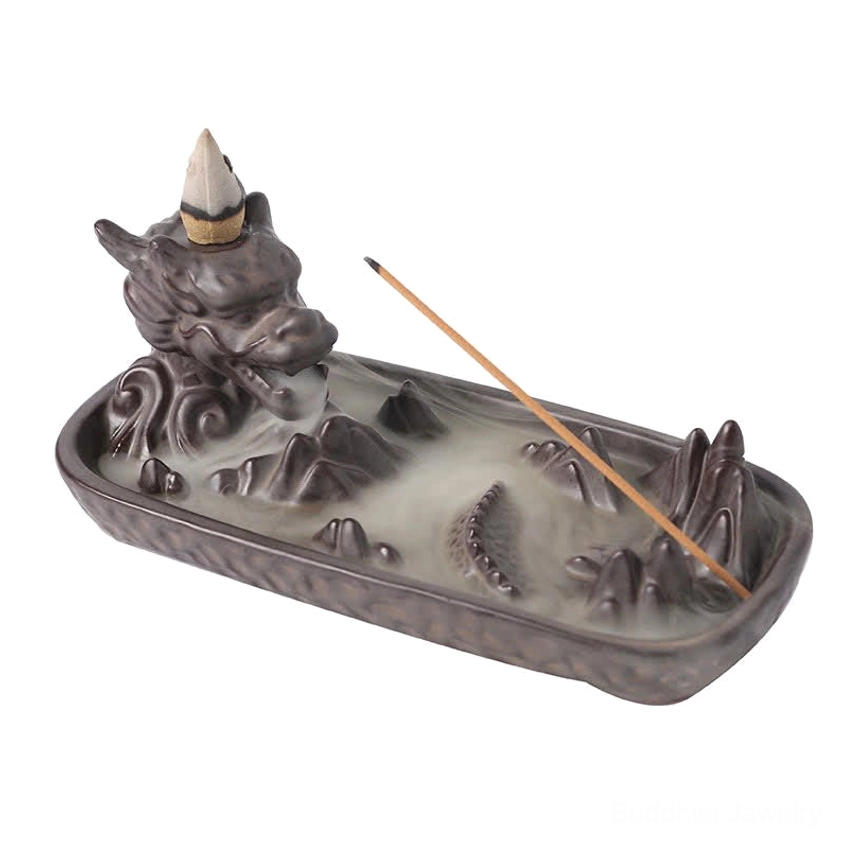 Handcrafted dragon backflow incense burner in natural ceramic showcasing mountain landscape and spiritual dragon symbolism
