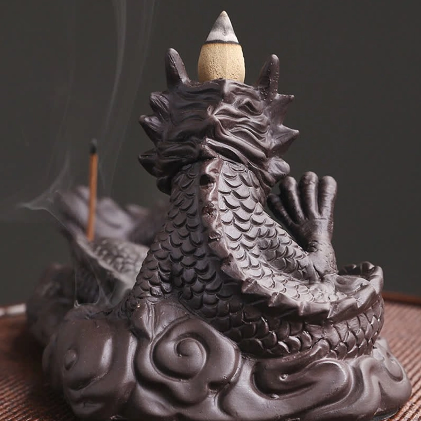 Dragon ball incense holder with ceramic dragon sculpture, blue glass bead and traditional Buddhist artistic design