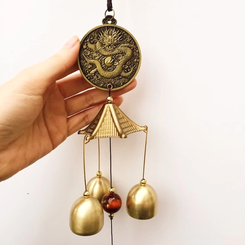 Dragon carved bronze coin wind chime with pagoda hanger, amber bead and three brass bells for protection