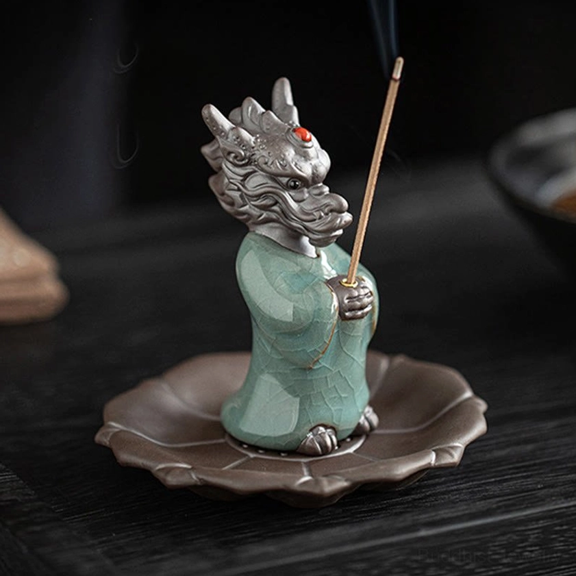 Dragon incense burner on tray front center view, celadon glaze with detailed dragon head and rising incense smoke