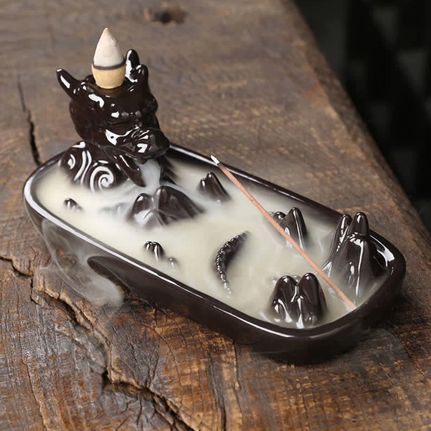 Black dragon ceramic incense burner variant showing matte finish, intricate carving, and mountain pattern tray design