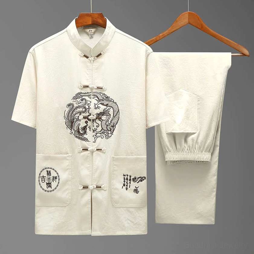 Traditional Chinese Tang suit two-piece set featuring off-white color with embroidered dragon and mandarin collar