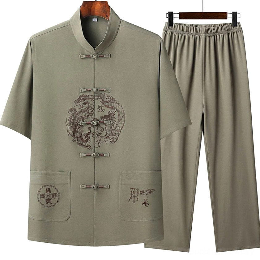 Green Dragon Fu Tang suit men's two-piece set with traditional embroidery and frog button closures