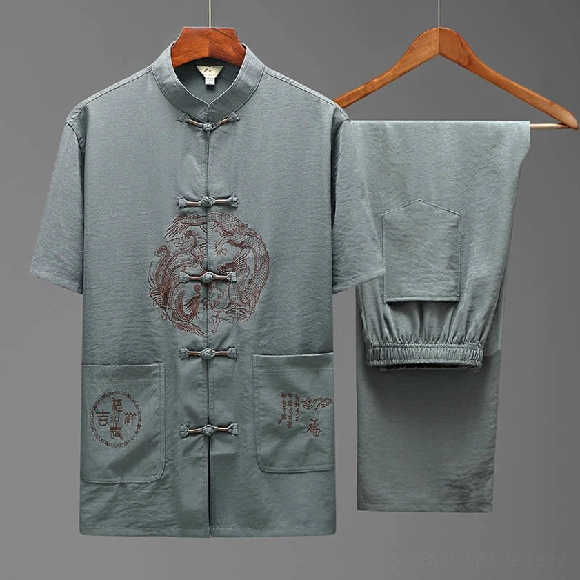 Dusty grey Tang suit men's set with brown dragon embroidery and authentic frog button closures