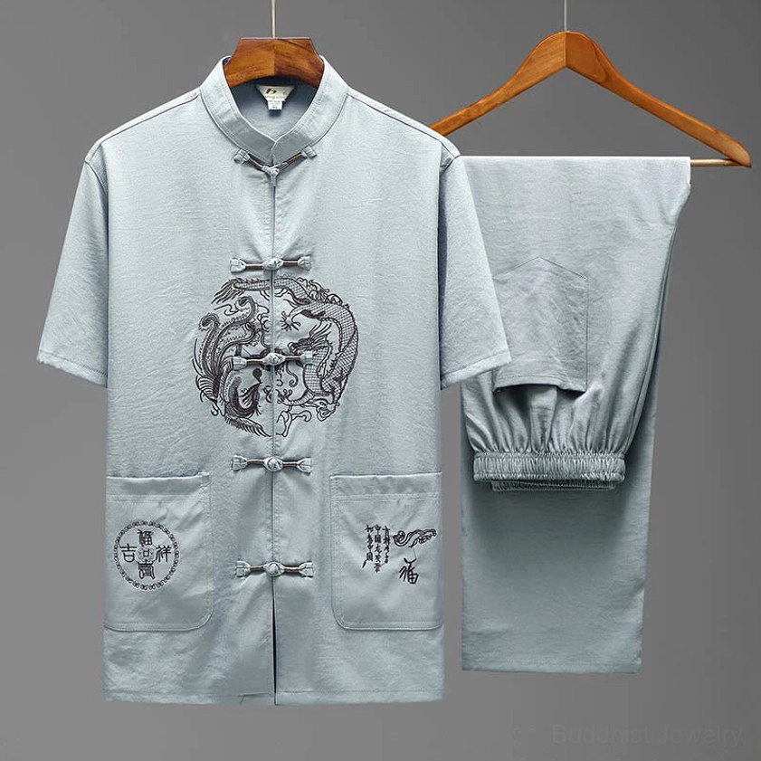 Men's Dragon Fu Tang suit in light grey with embroidered dragon and traditional mandarin collar