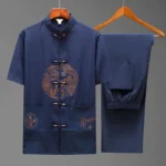 Men's Dragon Fu Tang suit two-piece set in dark navy with traditional dragon embroidery and frog buttons