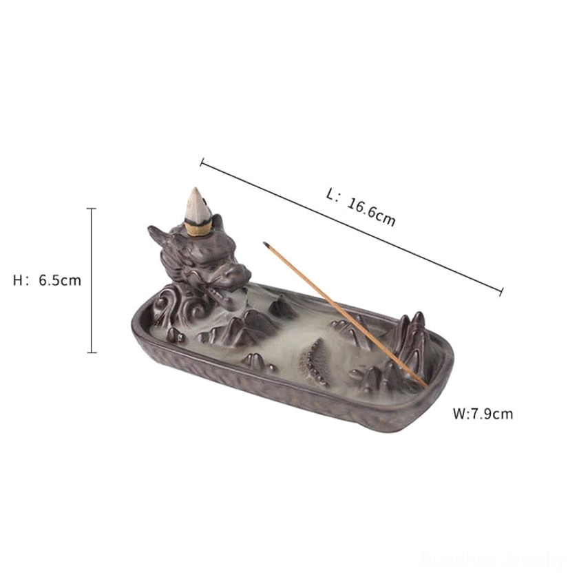 Dragon ceramic incense burner meditation room sanctuary setup with backflow smoke creating peaceful atmosphere