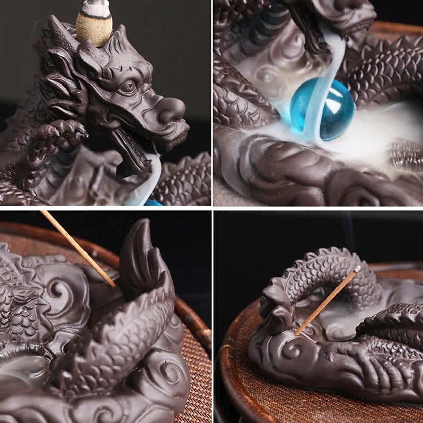 Multiple close-up angles of dragon incense burner showing dragon head sculpture, blue sphere bead, cloud-shaped base design and incense holder opening