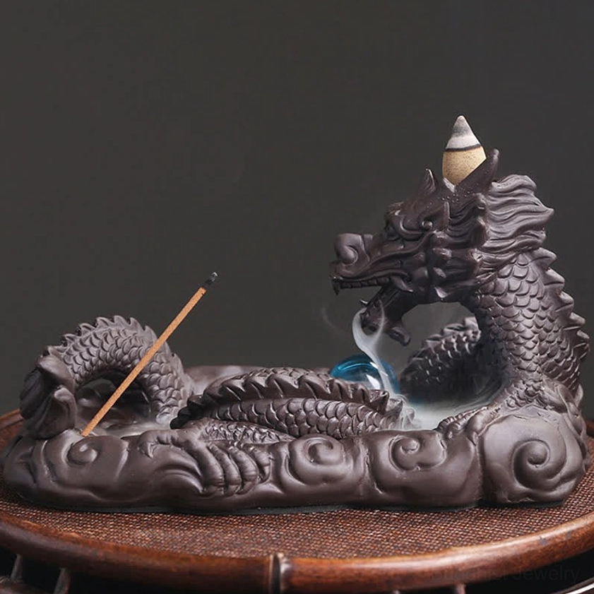 Purple clay dragon meditation incense burner left side view with blue bead and incense cone for Buddhist practice