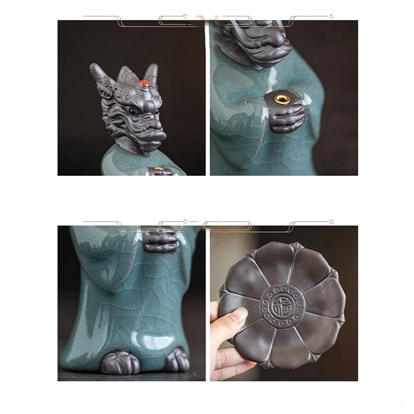 Buddhist dragon king ceramic incense burner detail shot showing intricate dragon head carving and protection symbolism