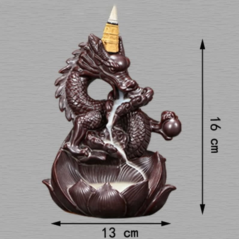 Ceramic incense burner with measurement marks showing 13cm width and 16cm height, front view on neutral grey background for size reference