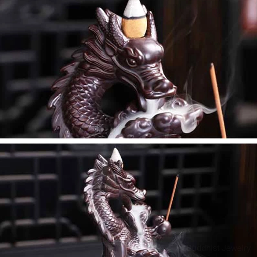 Close-up detail shot of dragon head with incense stick and flowing backflow smoke, side view on traditional Chinese background