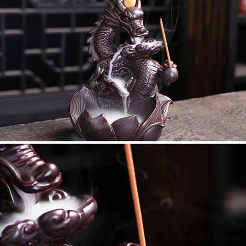Dragon lotus ceramic backflow incense burner featuring intricate hand-carved details and traditional Buddhist symbolism for meditation and spiritual practice
