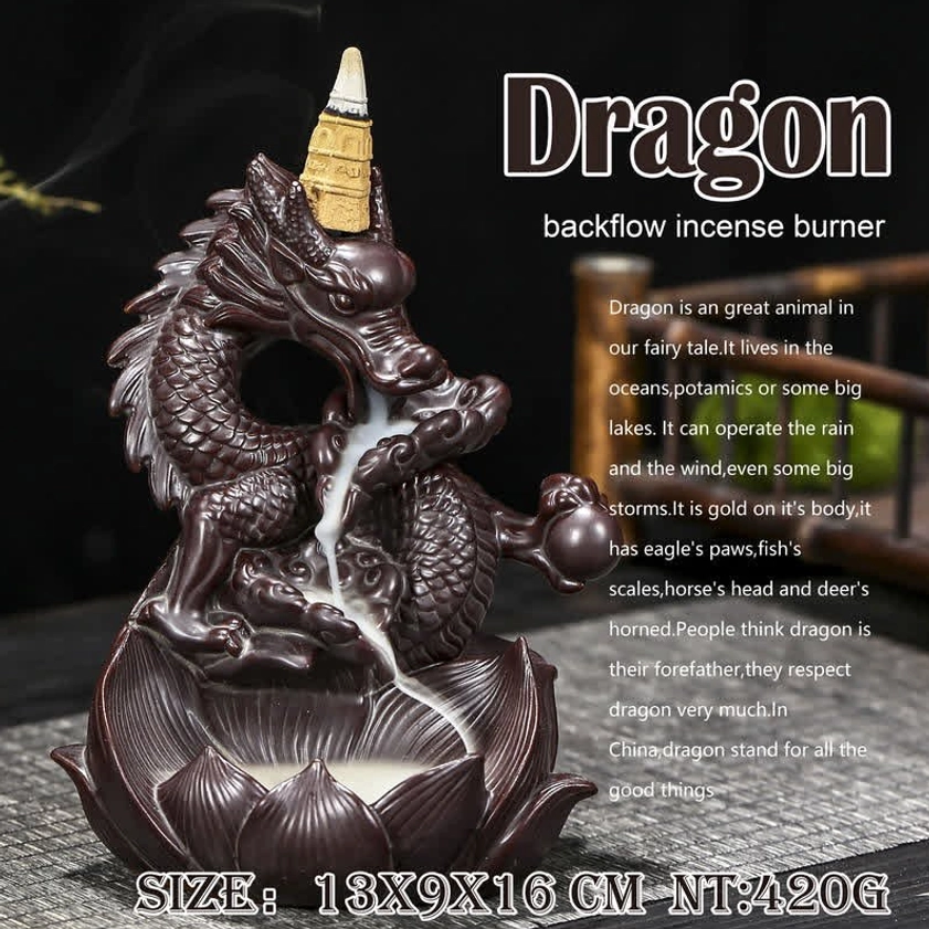 Dragon lotus backflow incense burner displayed with product specifications and size introduction text, left front view on product display surface