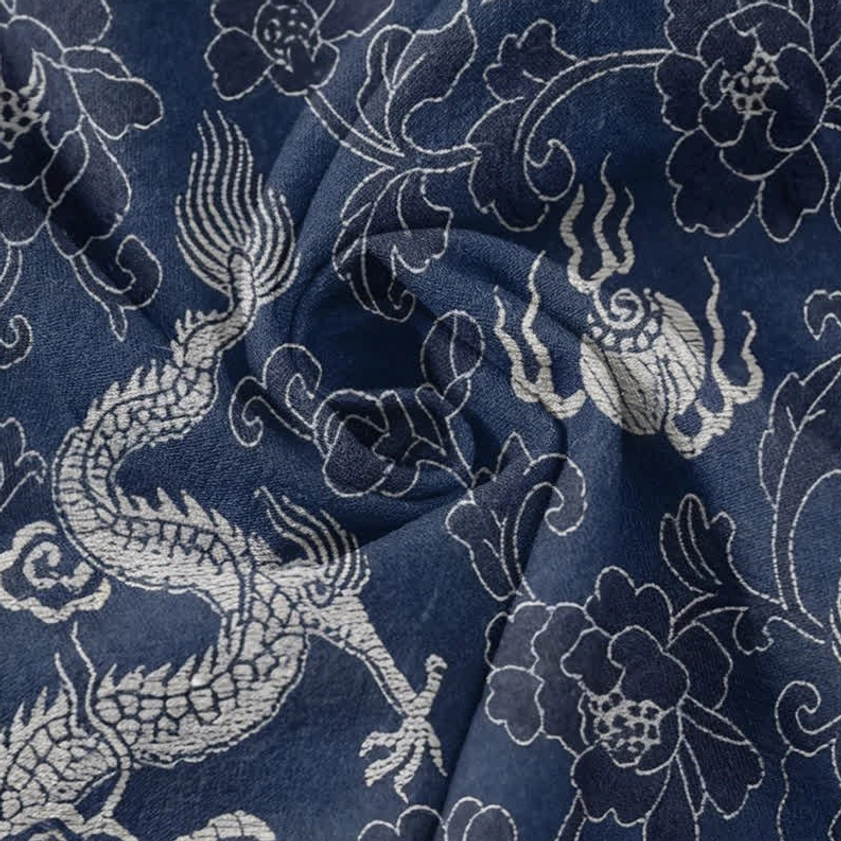 Fabric texture close-up of dragon lotus print on pure cotton - breathable eco-friendly material