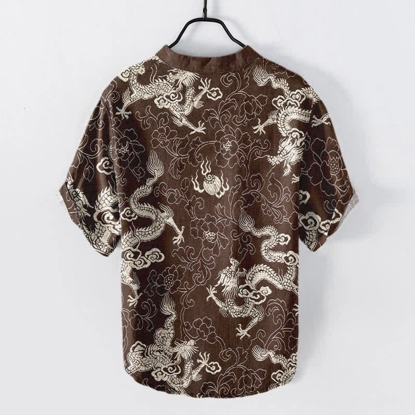 Back view of saddle brown dragon lotus shirt with matching spiritual pattern