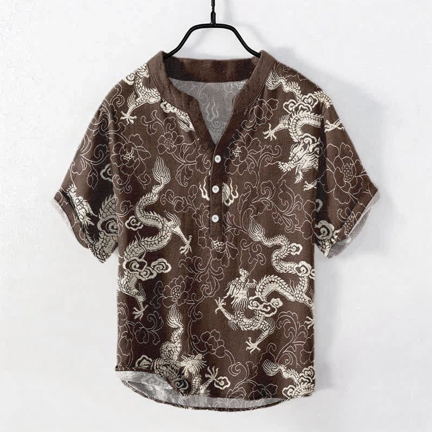 Dragon lotus spiritual shirt saddle brown color front view - Buddhist symbolism design