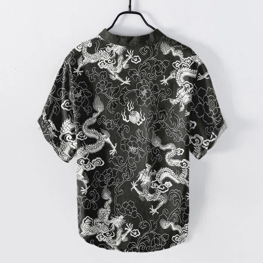 Back view of dark grey dragon lotus shirt with white floral dragon print