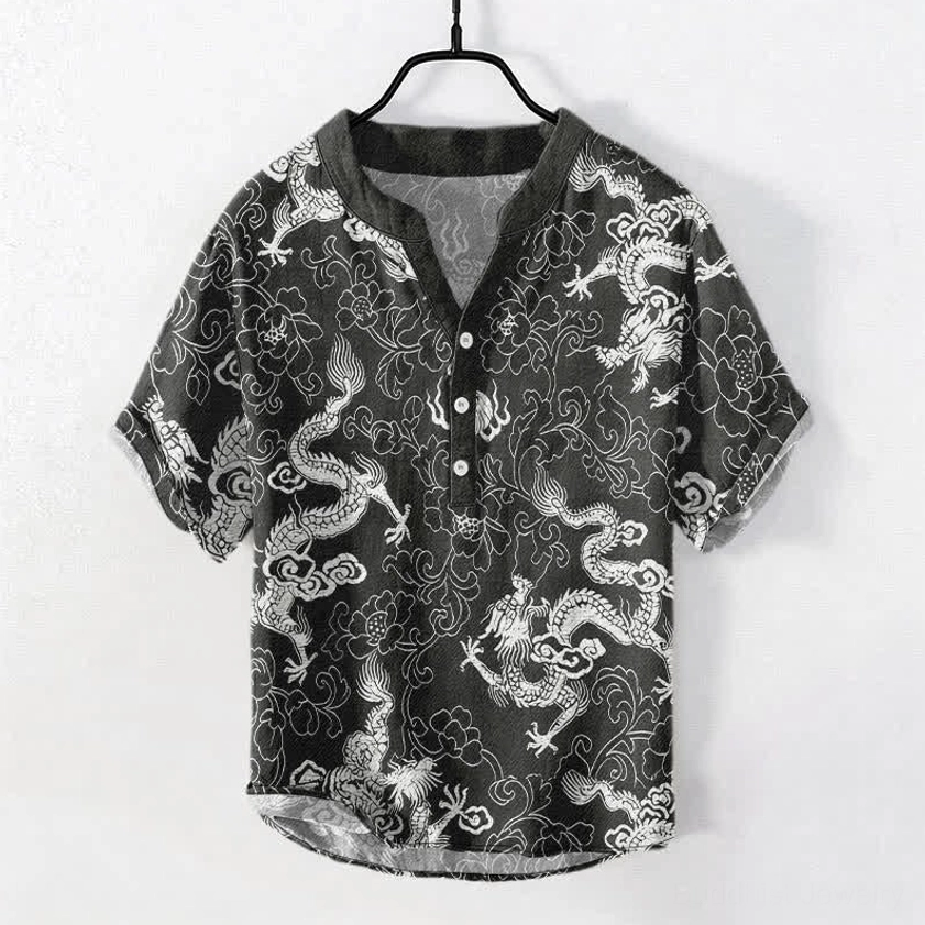 Dragon lotus cotton short sleeve shirt dark grey front view - spiritual symbol for meditation and yoga