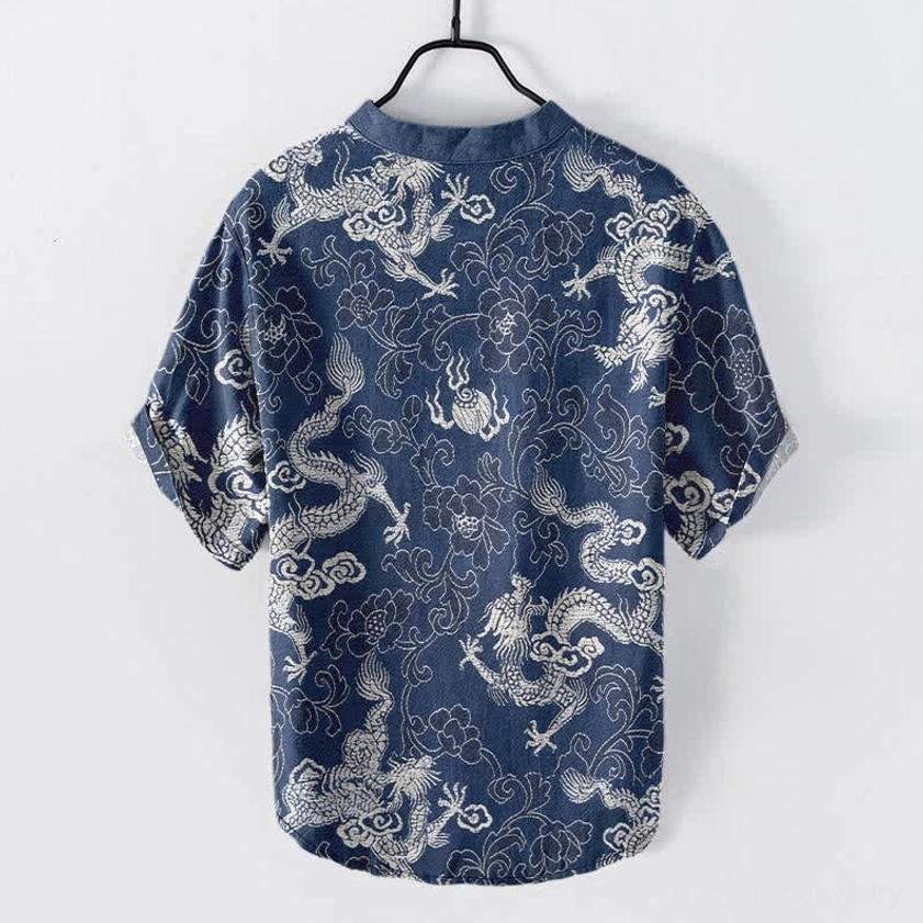 Back view of navy blue dragon lotus spiritual shirt with white floral pattern - eco-friendly cotton