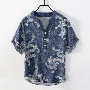 Dragon lotus cotton short sleeve shirt navy blue front view - Buddhist spiritual symbol design for men