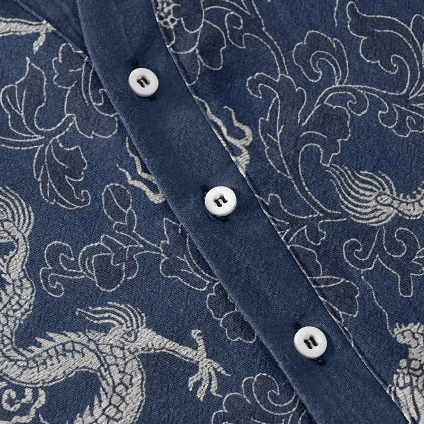 Dragon lotus shirt half-button placket and white plastic buttons detail