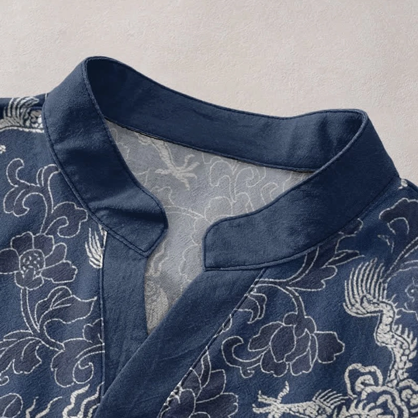 Close-up detail of stand collar with half-button placket on dragon lotus cotton shirt
