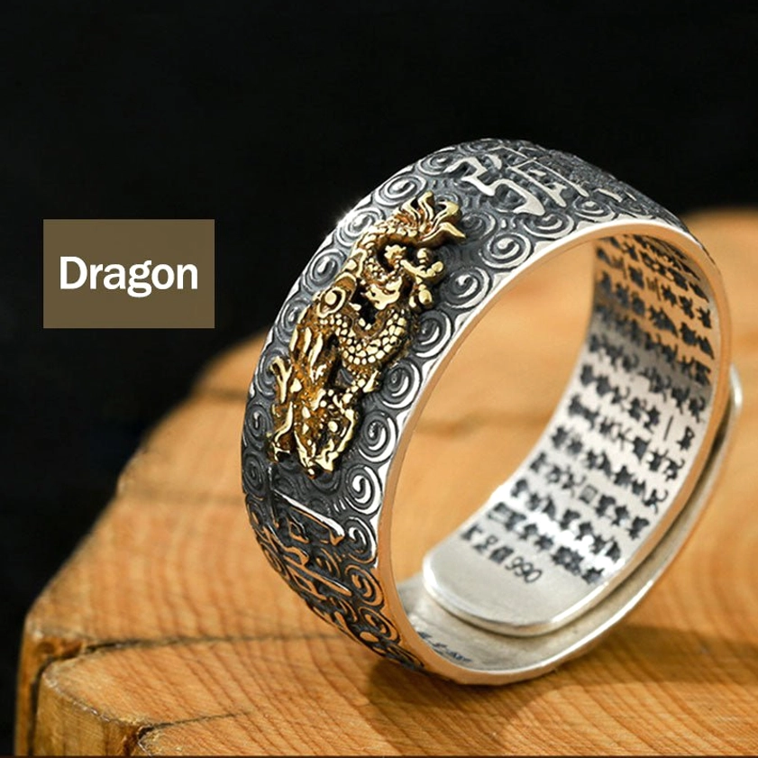 Dragon Natal Buddha adjustable ring for zodiac Dragon sign, copper with traditional Buddhist design