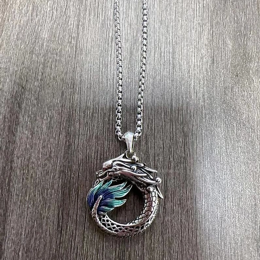 Dragon necklace with pearl chain, carved scaled copper dragon pendant featuring teal enamel finish and delicate beaded chain