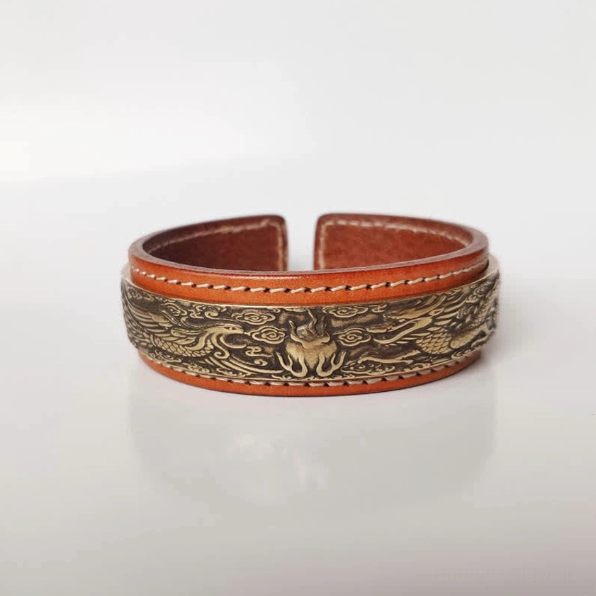 Dragon-phoenix engraved leather cuff bracelet with embossed patterns
