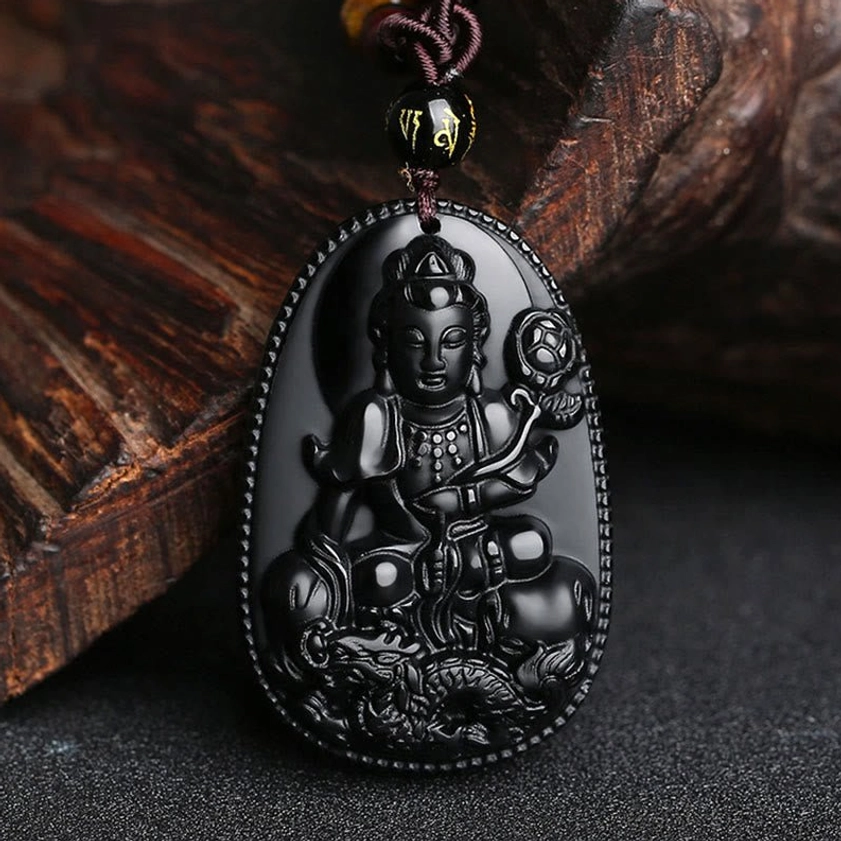 Dragon zodiac Samantabhadra Bodhisattva black obsidian spiritual guardian Buddha pendant