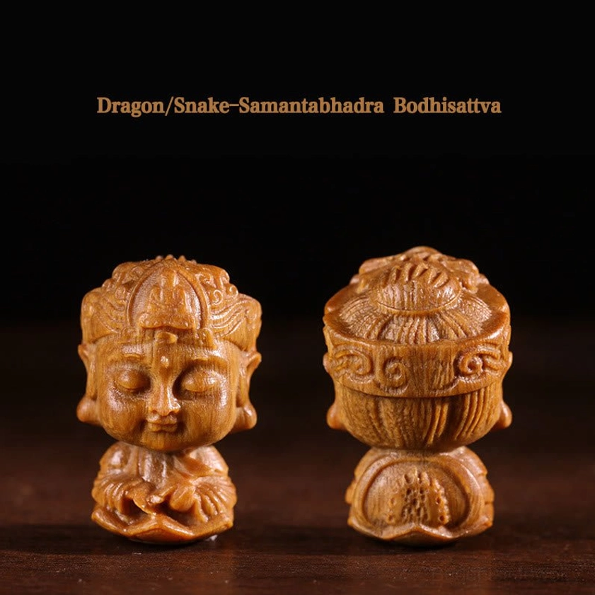 Dragon and Snake's patron Samantabhadra Bodhisattva Buddha statue with ornate crown carving and textured back design