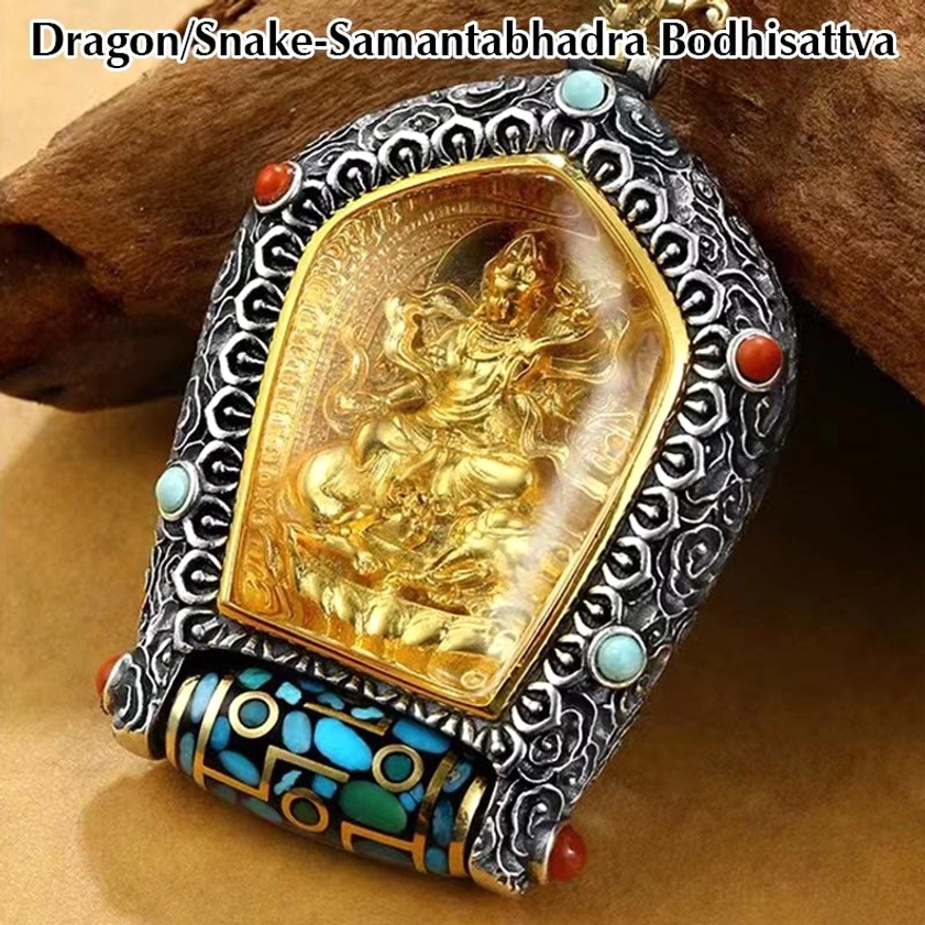 Dragon and Snake Samantabhadra Bodhisattva Natal Buddha pendant featuring cloud frame design and handcrafted dzi bead ornament