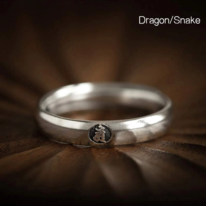 Dragon and Snake zodiac natal buddha 925 sterling silver rings, paired couple design