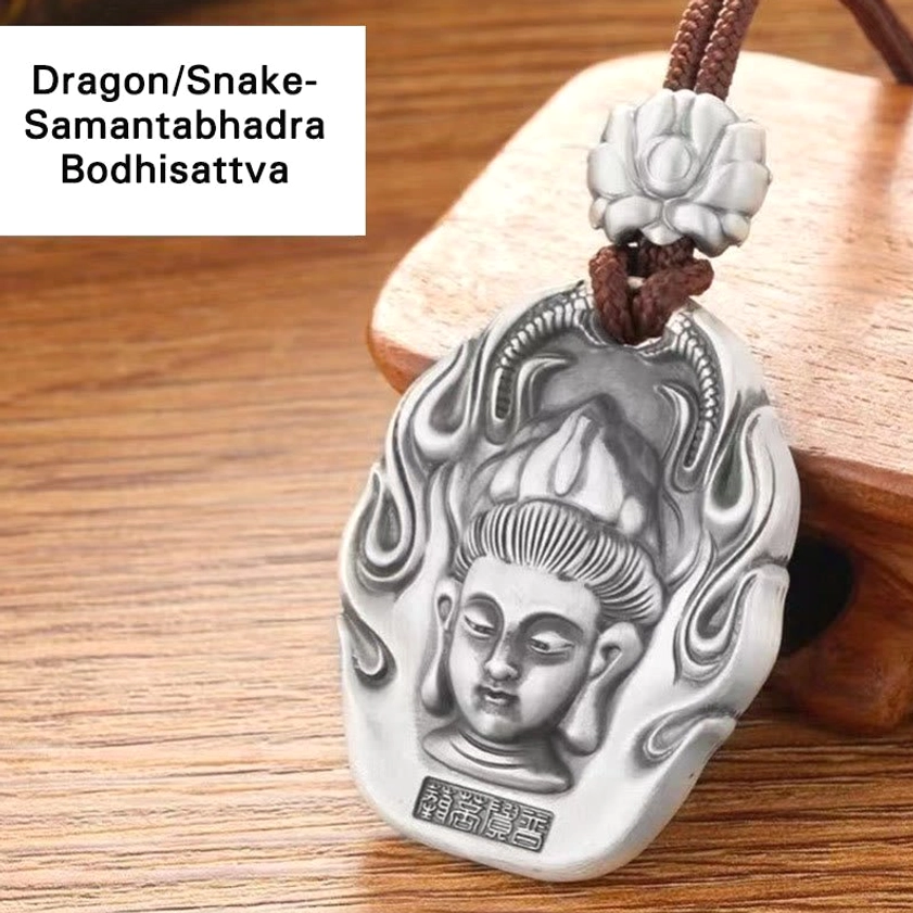Dragon Snake zodiac natal Buddha pendant - Samantabhadra Bodhisattva, silver Buddhist pendant for universal goodness and harmony