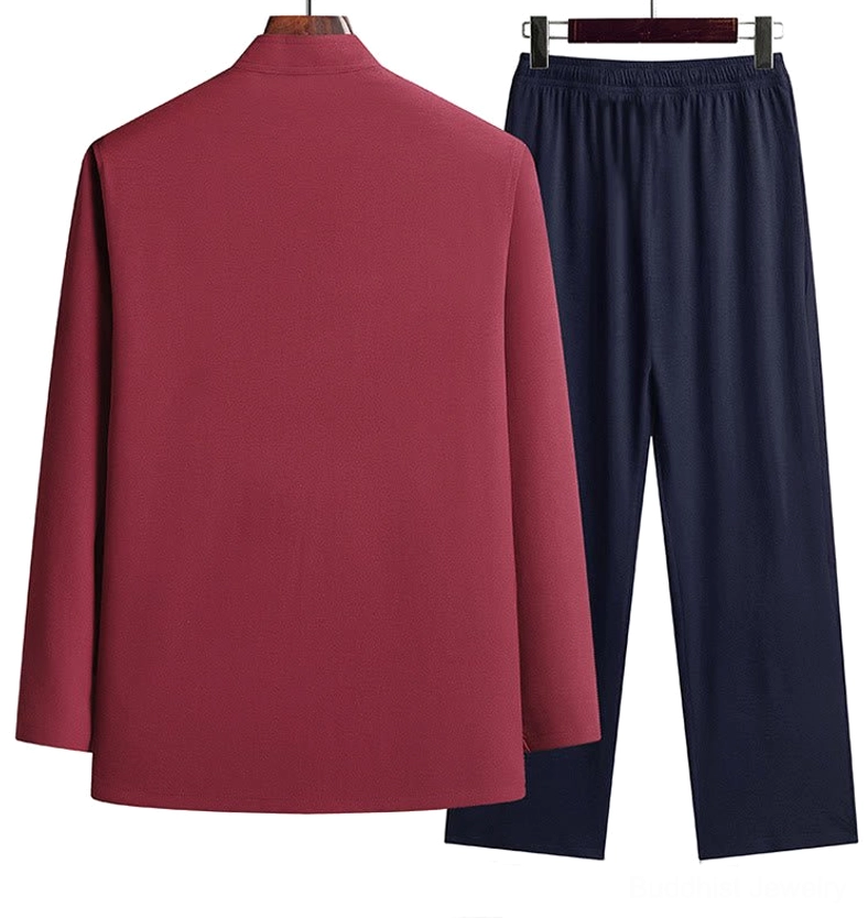 Dragon Tang suit back view - reversible design showing plain maroon stand collar top with navy drawstring waist pants for traditional Chinese formal wear
