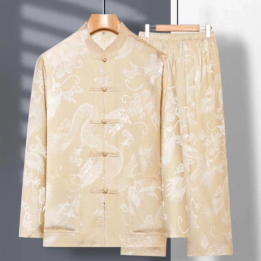 Beige cream dragon tang suit men's traditional Chinese frog button jacket and pants complete set