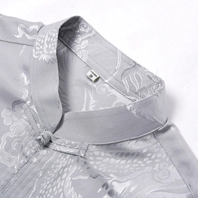 Dragon embroidered tang suit jacket beige cream close-up jacquard weave texture