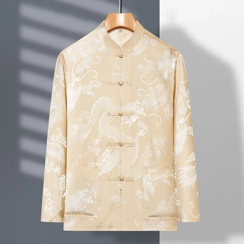 Beige cream dragon embroidered tang suit jacket long sleeves mandarin collar frog buttons