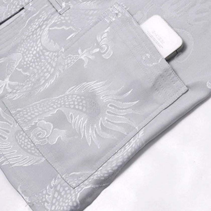 Dragon tang suit pants beige cream traditional Chinese frog button trousers detail