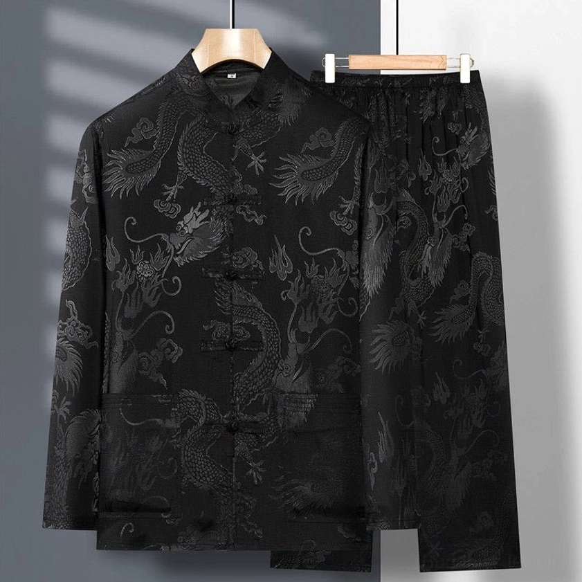 Black dragon tang suit men's traditional Chinese frog button jacket and pants ensemble